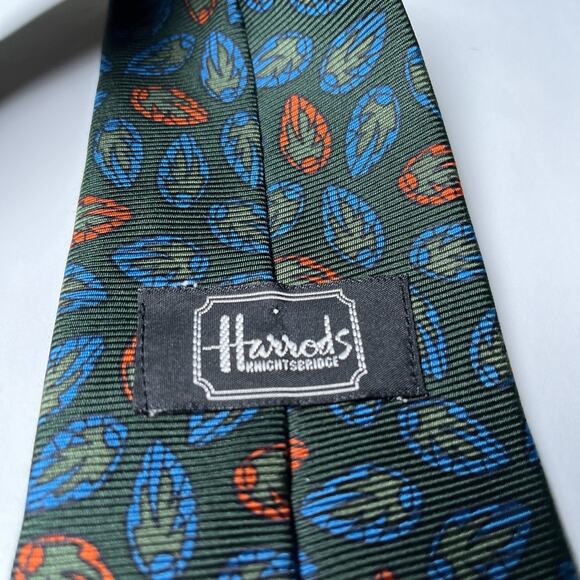 Harrods Knightbridge Silk Tie Green Stylized Leaf Like Pattern Blue Orange - Picture 3 of 7